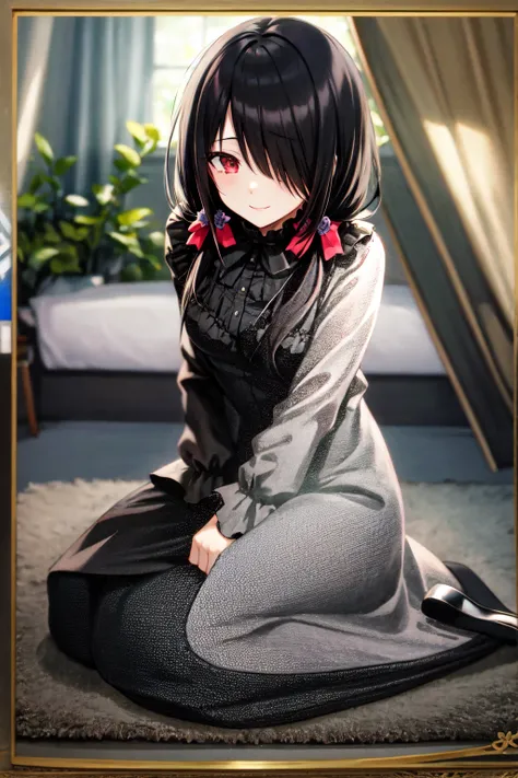 1girl, solo, kneeling, seiza, cckurumi, long hair, low twintails, hair flower, hair over one eye, hair bow, gothic, black dress, ribbon, pantyhose, slippers, sitting, smile, looking at viewer, leaning forward, indoors, living room, television, window, plan...