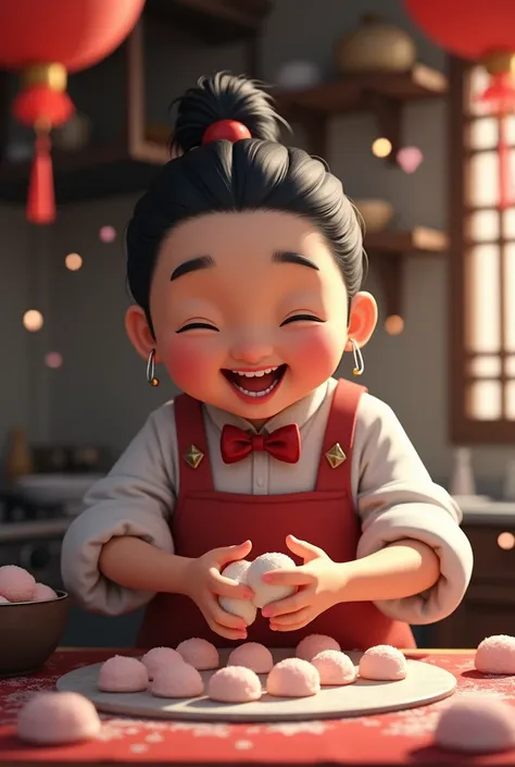 Chinese traditional festivals"winter solstice"、An old-fashioned kitchen with a stovetop、Black-haired Chinese s watery eyes happily knead tiny pink and white glutinous rice balls. bokeh .bow tie.... High quality super clear HD . High quality super clear HD ...