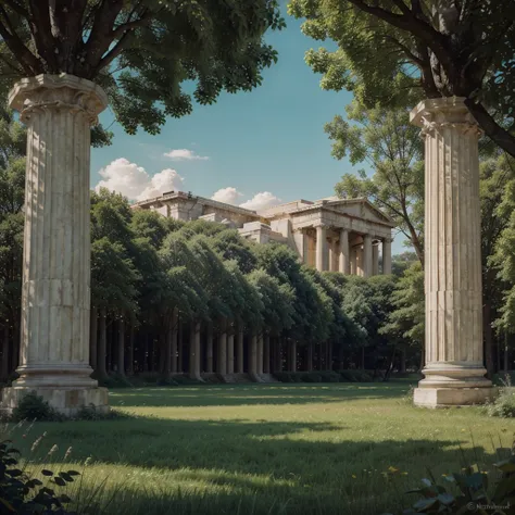 ralph-mcquarrie style, greek architecture done in a sci-fi style on a beautiful forest and meadow scene with tall buildings and open green spaces, oil painting, beautiful, highly detailed