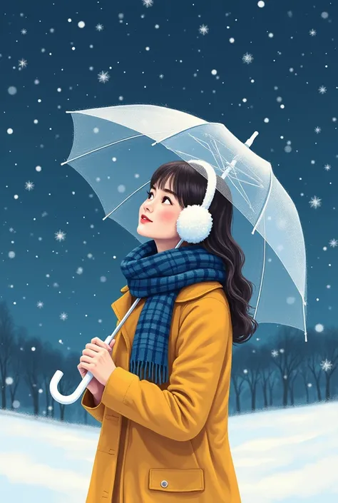 "An illustration of a young woman standing in a snowy winter landscape under the lights. She is wearing a bright yellow coat, a cozy blue plaid scarf, and fluffy white earmuffs. She is holding a transparent Large umbrella, calmly looking up at falling snow...