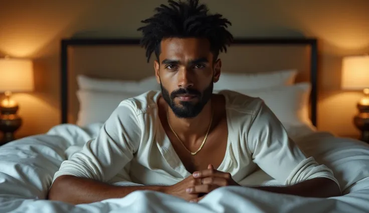 30 year indian young handsome man setting in bed with cat eyes, wearing wedding dress, light beard, luxury interior, luxury bedroom, detailed eyes, detailed image,  cinematic scene, cinematic lighting, ultra realistic, hyper realistic, highly detailed imag...