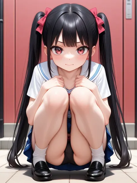  panties in full view, black panties, pretty girl,, black hair, long hair, Twin Tails , squats, troubled face