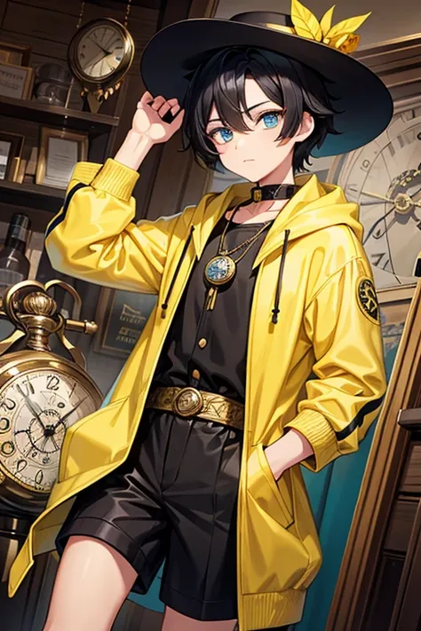  One Beautiful Boy 　Shows up to the waist　 black hair　 black hair　 short hair boy hairstyle stupid hair 　Turquoise eyes　 yellow hoodie　black and yellow watch shop clothes 　 black silk hat with silver cogs　Pocket watch