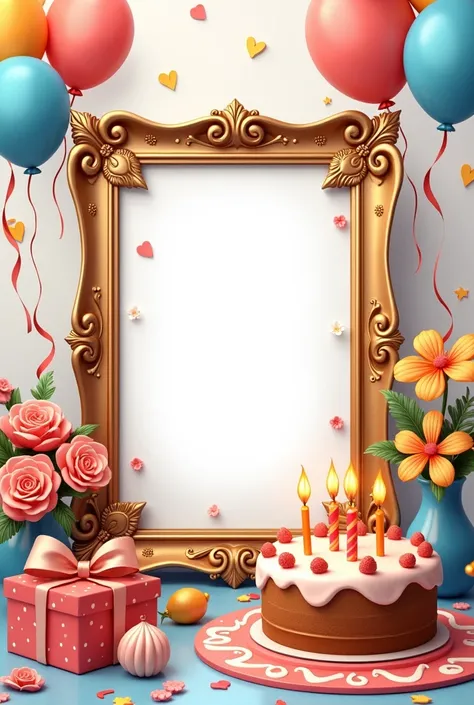 Birthday photo frame card with cake,flower, gift box ,Balloon 