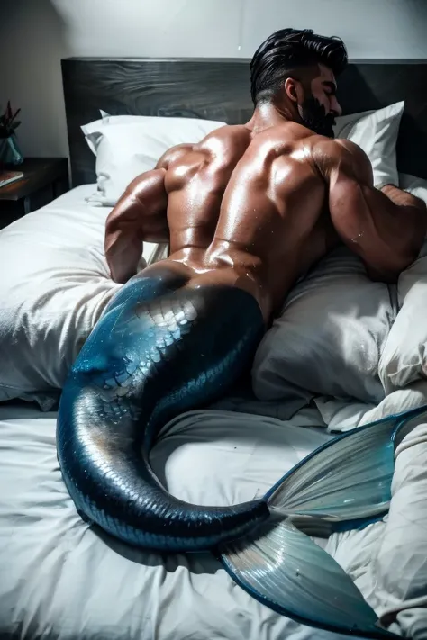 Muscular wet man with blue muscular mermaid tail instead of legs. Lying tired and sleeping on bed. Back. Wet body. It is oiled ,  cracked and greasy. It is very much oiled and wet. black long hair, black long beard. Its raining , raining. 