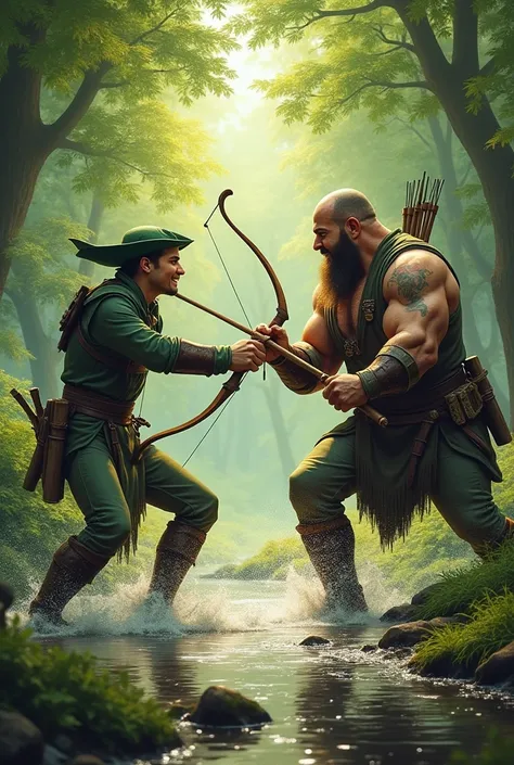  Robin hood and sherwood forest and the giant man John his friend. They fight with sticks in hand They fall into the stream 