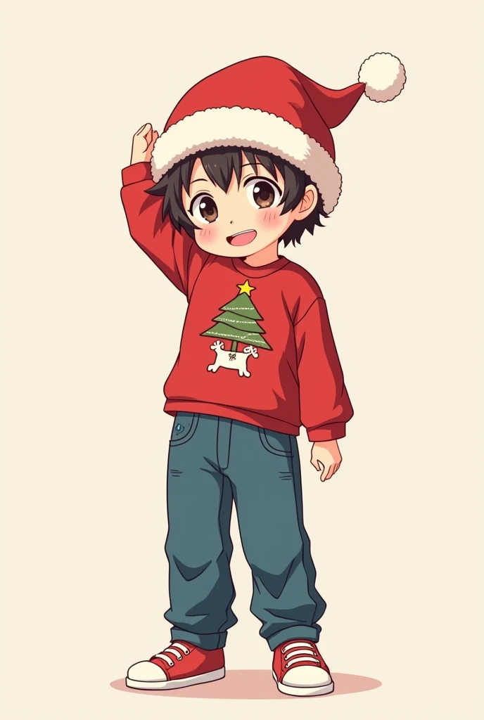 Anime, cartoon,  Boys, Dark brown short hair ,Mid Root Hairstyle ,  Christmas Long Sleeve Blouse,  Christmas hat ,Loose jeans,  Red Sneakers 