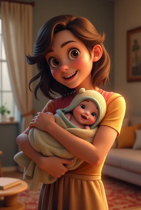 Scene 2: Holding Luna for the First Time
- Image: Sophie holding Luna, wrapped in a warm towel, with a big smile on her face.
- Background: A cozy living room with soft lighting and warm colors.
- Emotions: Sophies face should show joy and wonder.