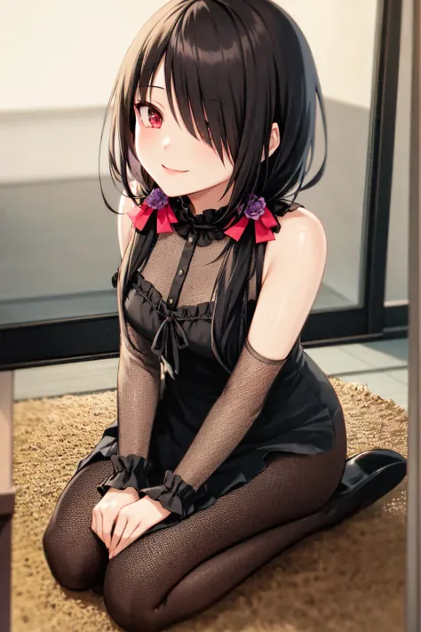 1girl, solo, kneeling, seiza, cckurumi, long hair, low twintails, hair flower, hair over one eye, hair bow, gothic, black dress, ribbon, pantyhose, slippers, sitting, smile, looking at viewer, leaning forward, indoors, living room, television, window, plan...