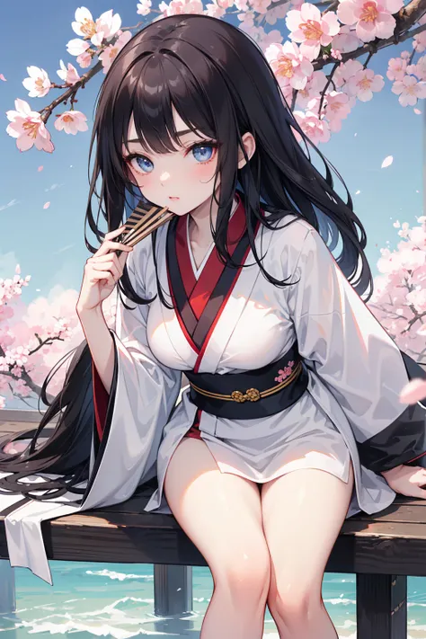  has long, dark hair ， with warm blue eyes  ，Black eyebrows、Clear and bright eyes，The lines of the facial features are soft and graceful，Cold and elegant，Refined spirit，There is no flaw at all。 The skin is white and red ， perfectly balanced thighs， kimono，...