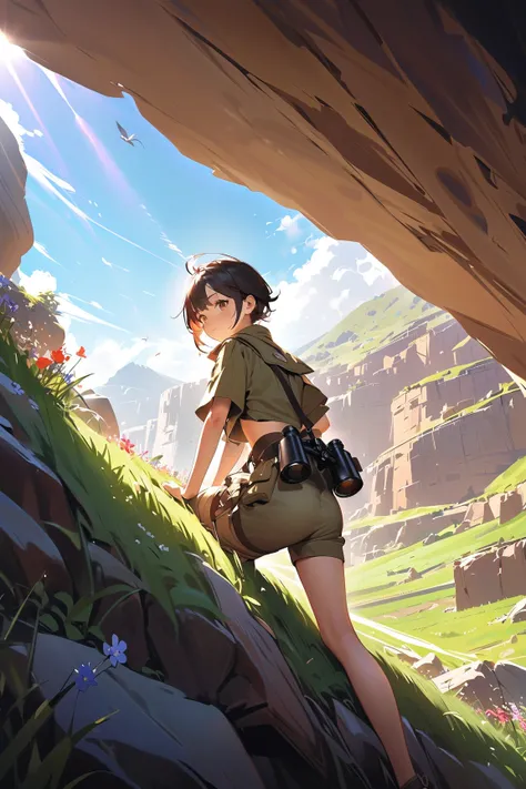 1 girl, (alert face), young adult, short spiky hair, (dressed in a rangers outfit with camouflage patterns), small breasts, athletic build, (peering through binoculars),  
BREAK  
rocky cliff overlooking a valley, scattered with wildflowers, (watching for ...