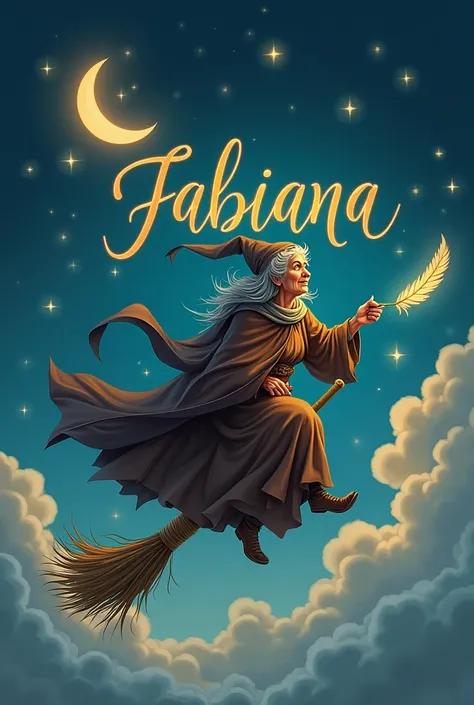 Befana donna epifania sulla scopa che scrive il nome Fabiana