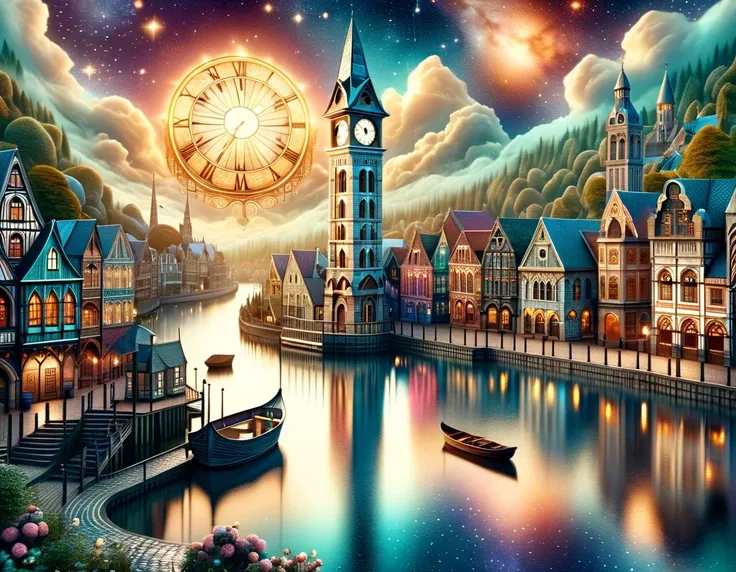 Masterpiece, top quality, high resolution, best composition, Zentangle style, fantastical cityscape with a clock tower and river, set against a dreamy, starry twilight sky, inspired by Victorian-era port towns and Baroque painting styles, created as a digi...