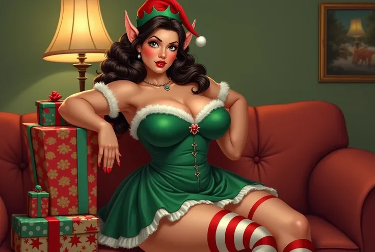 Sexy bigtits retro pin-up girl dressed in a Christmas elf outfit with striped stockings and curled hair, leaning against a stack of colorful wrapped presents in a nostalgic mid-century living room