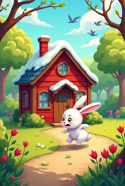 "Cartoon-style illustration of a small red wooden house in the middle of a colorful spring forest. The roof still has patches of melting snow, and white smoke rises gently from the chimney. The surrounding forest is full of green trees, blooming red flower...