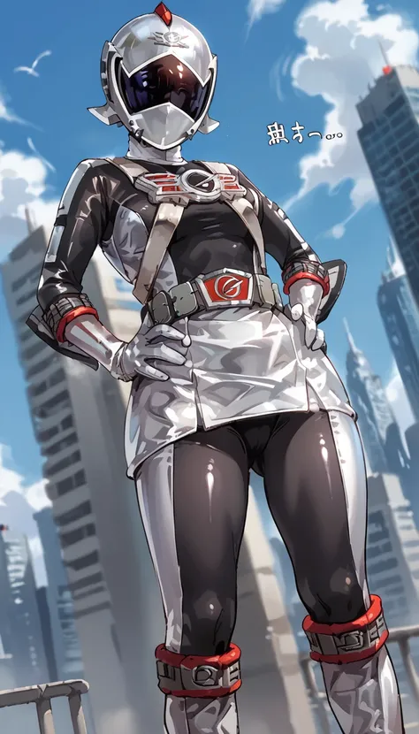 score_9, score_8_up, score_7_up, zPDXL, translation:,  1 girl , Alone,
Go-On_Silver, Silver bodysuit, Silver skirt, Silver belt, Silver gloves,  shiny clothes ,  helmet, wearing  helmet,  boots, Silver footwear,  full body
Standing , hands on own hips, fro...