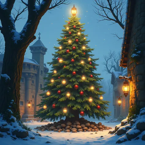 Create a hyper-realistic depiction of a majestic Christmas tree situated in an ancient druid village. The tree is adorned with natural decorations, such as pine cones, berries, and handmade ornaments crafted from wood and clay. Surrounding the tree are anc...