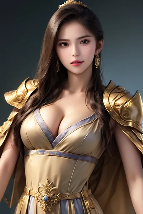 ((The upper body of a female warrior wearing golden armor and cloak:1.3)), 1 person,20th Generation, black hair, belly shortcut ,((  Large Breasts and Cleavage Exposed  :1.1)),Symmetrical normal eyes   ,  high-definition face and skin texture , Angry face ...