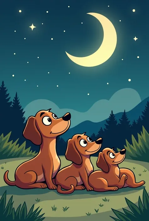 Easy to reproduce colorful cartoon style design with dachshunds on their backs looking at the moon
