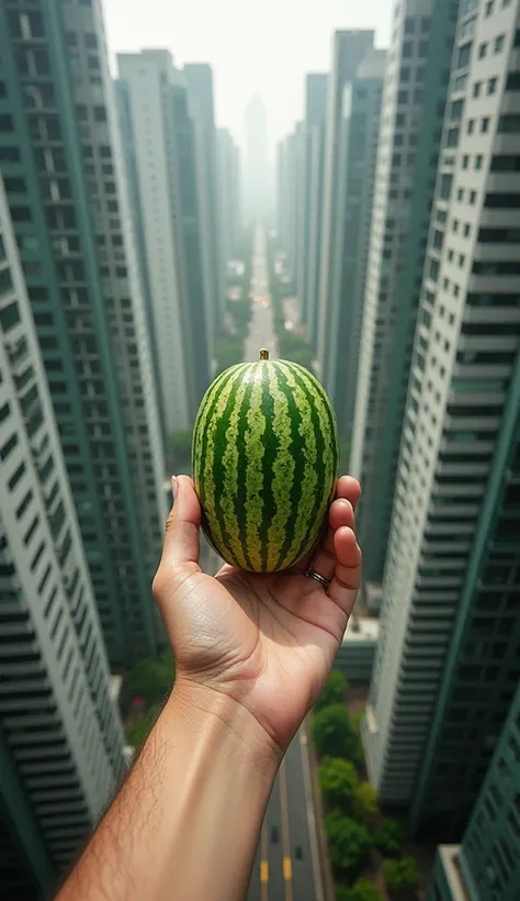   Aerial View ，Drop a watermelon on a tall building and go to the ground