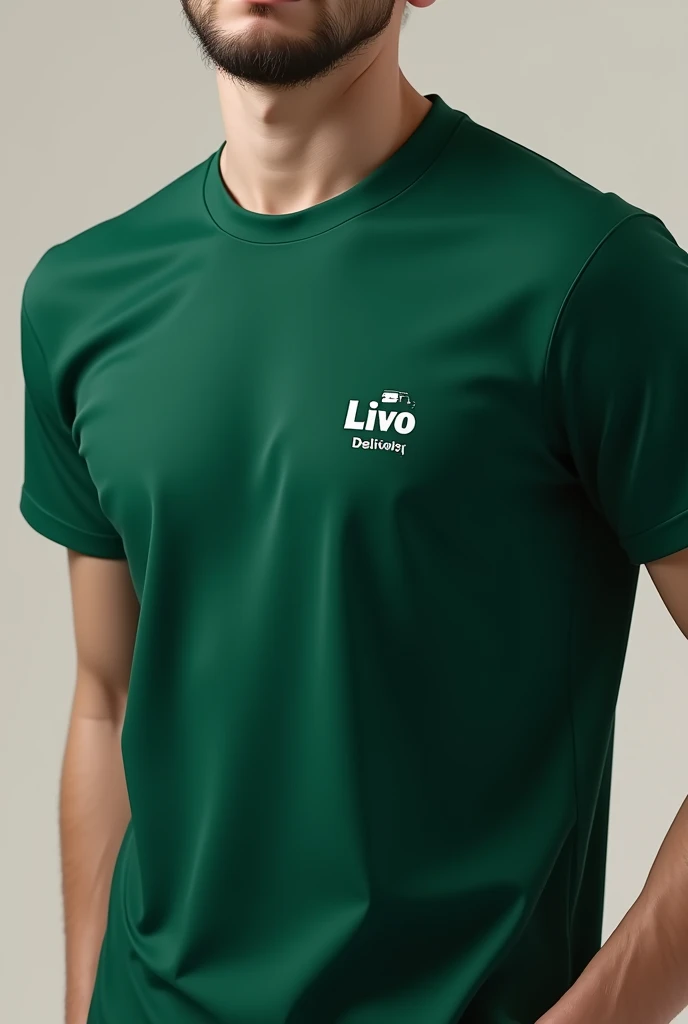 Design a modern and professional delivery t-shirt for a company called LIVO delivery. The shirt should be dark green with an ergonomic cut and short sleeves, made of breathable and comfortable fabric, ideal for delivery workers.

Front of the t-shirt:

Pos...