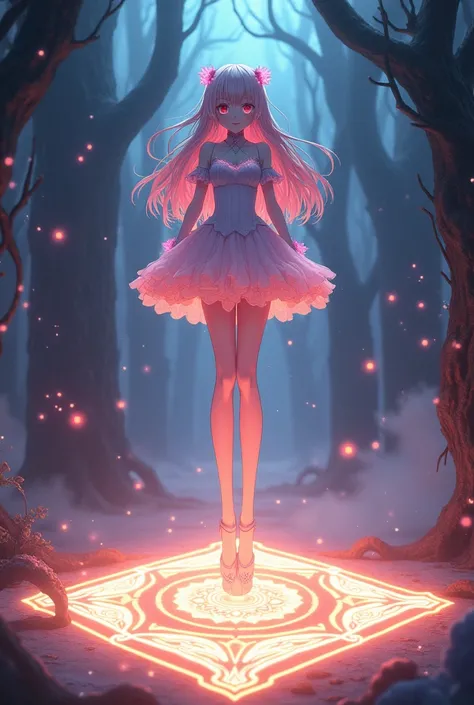 (( top quality)), ((masterpiece)), (  Details),  Magical Girl stands on the magic square 、 how her legs grow even longer　 her legs are 3 times longer than her upper body 　Her height is 220 cm 　anime