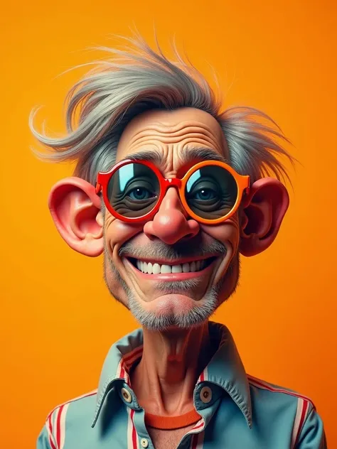 A vibrant, stylized portrait of a MIDDLE-AGED MAN with exaggerated features, such as a prominent nose and unkempt hair. He wears round, colorful sunglasses and a button-up shirt, set against a bright orange background. The artwork is f