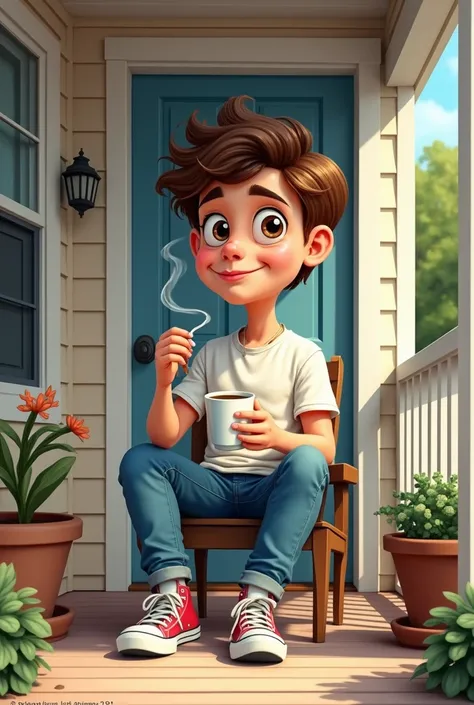 make a caricature of a teenager in casual clothes sitting on the porch of a house with coffee on the side and smoking 