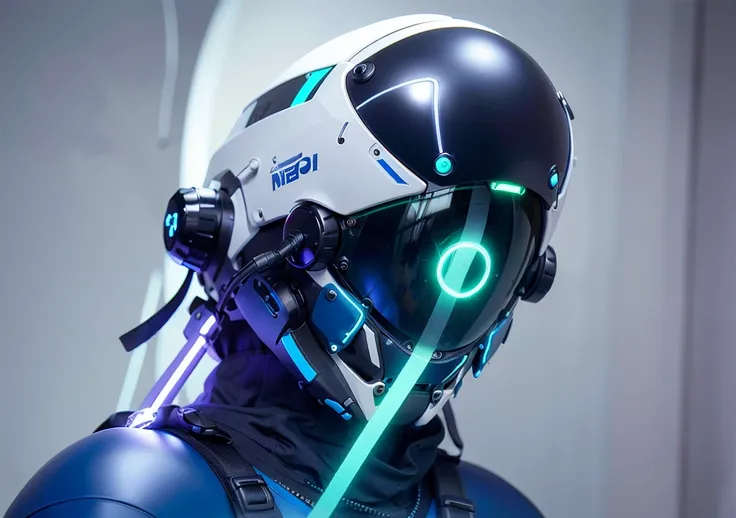 Masterpiece, best quality, a close-up of a blue futuristic-looking cyborg girl with a fantastic blue and white cyberhelmet head with triangular LED lights and a halo, dressed in a black ans blue details Techwear jacket, full body tokyo modern avenue