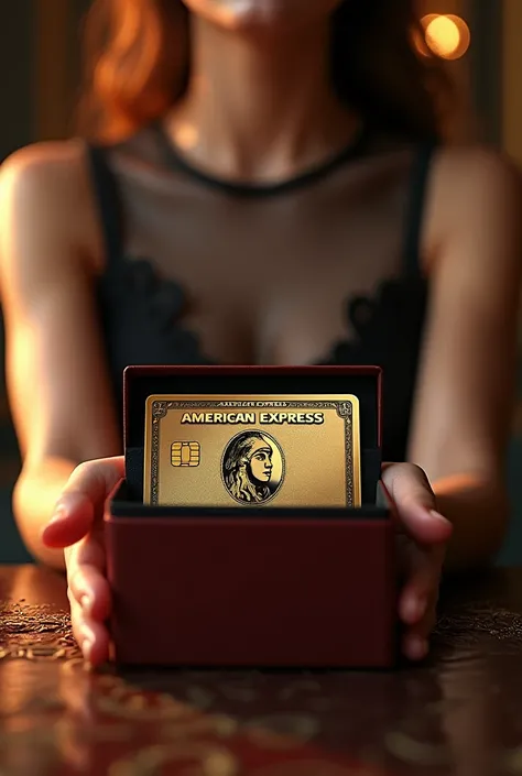 a luxurious gift box with a single American Express metal Credit Card. And in front By : FEMALE TEMPTATION .  With golden letters ,  and on an elegant table .