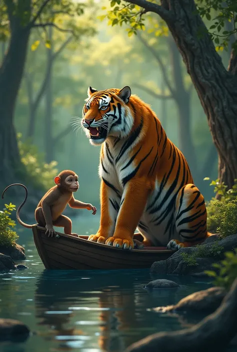 In a forest there lived a proud tiger who considered himself the most powerful. One day, he announced that he would fight a boat with all the animals of the forest to demonstrate his strength. All the animals were frightened, but a cunning monkey thought u...