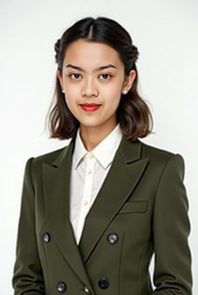  made this girl take a picture similar to a passport photo , so we can see her whole face very well，Eyes looking at the camera，Front view， white background ， olive green double row jacquard knit suit，Double breasted design ， White Shirt Underwear ，Formal P...