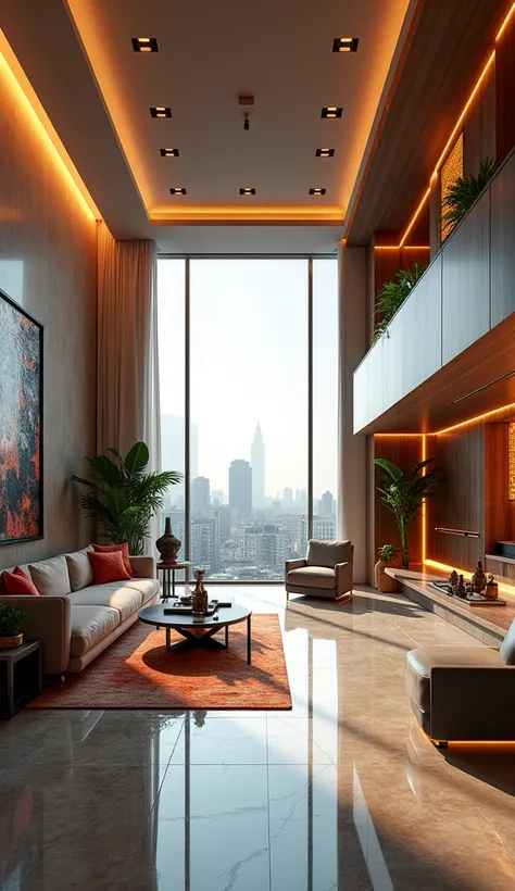 "Inside a multi-billion-dollar mansion in Mumbai, with high-tech features and ultra-modern luxury. An enormous living room with polished marble floors, expensive art pieces, and a panoramic view of the city. The room is filled with natural light from massi...