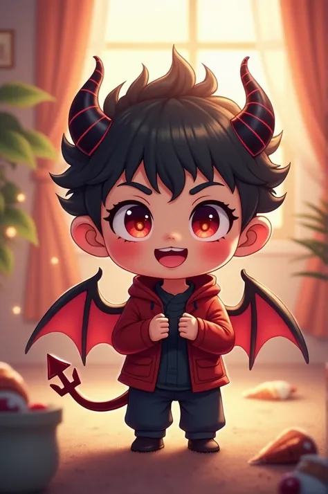 Prompt:
"A cute baby boy demon in chibi style, with an oversized head, big sparkling eyes, and small horns. The demon has a mischievous and playful expression, styled with short, messy hair, and tiny wings. He wears a simple, boyish outfit with dark and re...