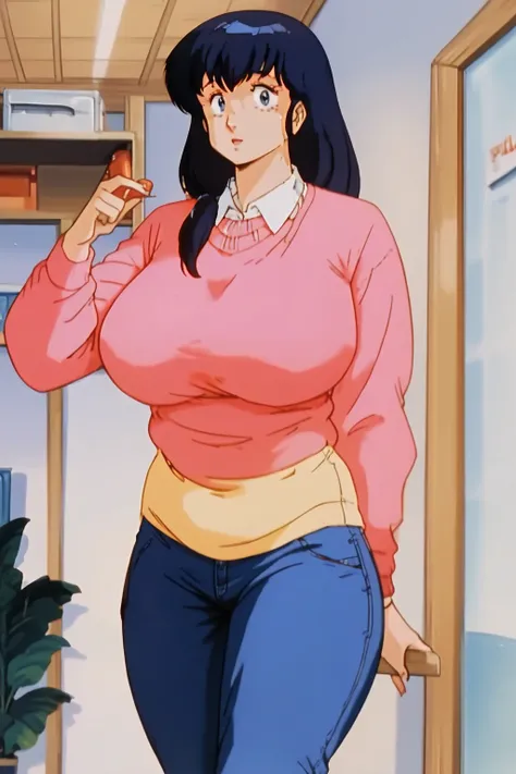 Kyoko Otonashi　, Otonashi Kyoko　,紺色の髪,  long hair, pink sweater, white shirt,Navy blue jeans,  mature woman, score_9,   score_8_up,   score_7_up,   score_6_up,   score_5_up,   score_4_up,     masterpiece   ,   top quality,     very aesthetic ,    absurd,  ...