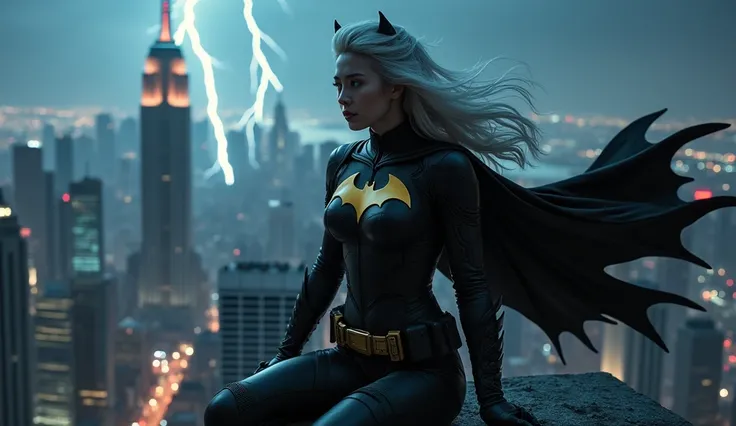 A Taiwanese woman, with long silver hair, and a black tactical outfit emblazoned with a bat-like symbol, perches on the edge of a skyscraper overlooking Gotham City, the Bat Signal lighting up the stormy night sky. His cape flutters in the wind as lightnin...