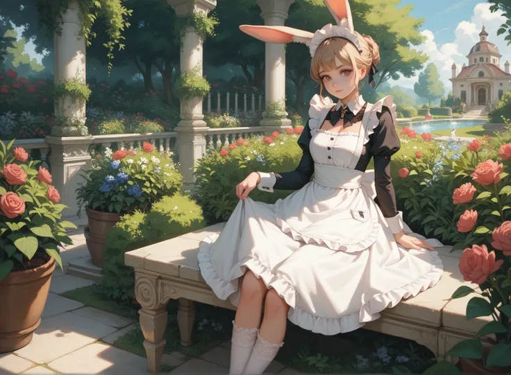 A big rabbit ， a girl ，Maid，Sitting in the garden， frill socks ， cross lace-up wear，masterpiece， Best Quality 