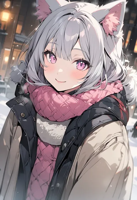 winter，smile，cat ears girl，Gray Hair,pink eyes,muffler,coat,boots, women in their 20s 