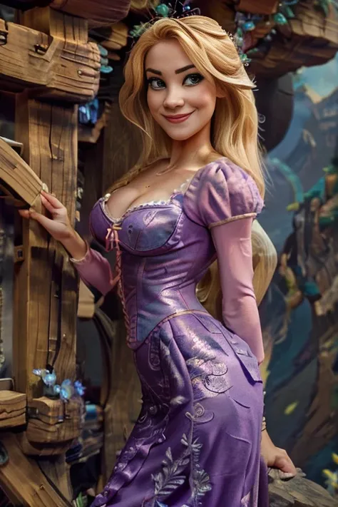 Teen. Fit. Athletic. Slim. Stunning. Cute. Beautiful. Long flowing blonde hair. Purple flower print. Toned muscles. Sexy. HDR. 8k. High detailed. Cave in background. Rapunzel from Disneys Tangled. Hourglass figure. Realistic. Blue eyes. Biceps. Smiling, la...