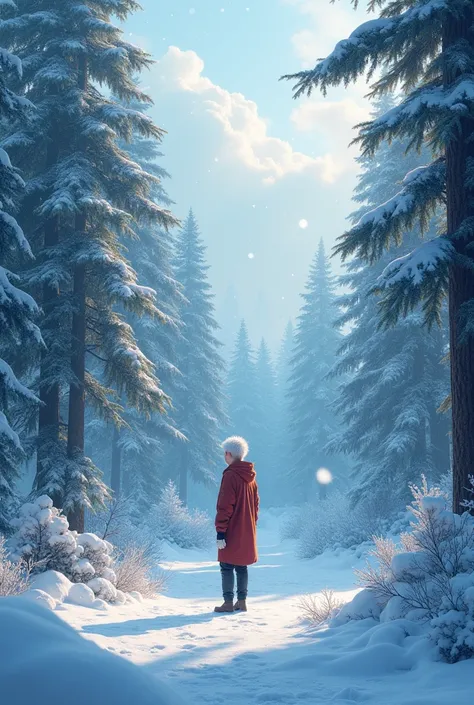  and snow, Winter with lots of trees around , white hair ,Colorful snow ,tall young man