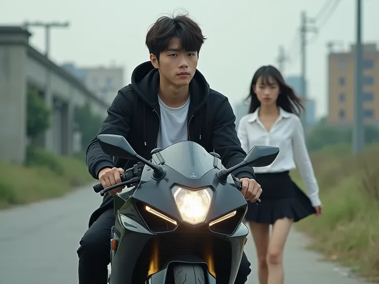 Real photo: Korean male, black-haired, brown-haired teen wearing a white shirt, wearing a black hoodie, wielding a shotgun and riding a black Honda cbr1000s motorcycle. There is a cute woman in the face of a red horse.
Japanese wearing white shirt dress, s...