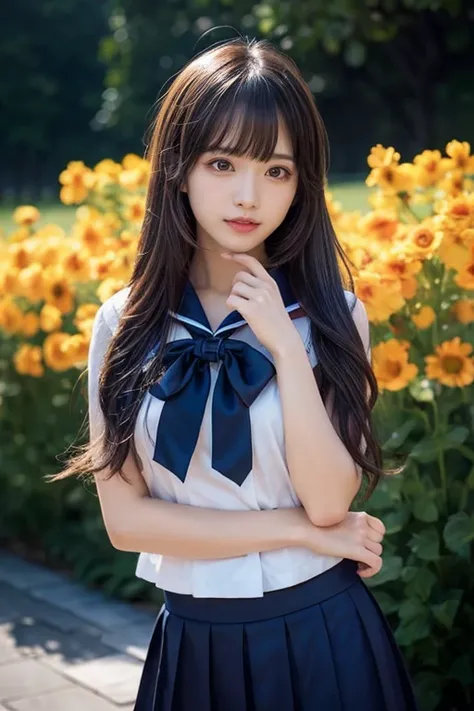  like an idol , long hair , straight hair, Round face , bust up ,  sailor suit  ,  as pictured  , (​masterpiece、 top quality)、 high res details、 Clear Focus 、( photorealistic stick with fine texture :1.2)、 one girl 、 The girls dynamism and beauty of flower...