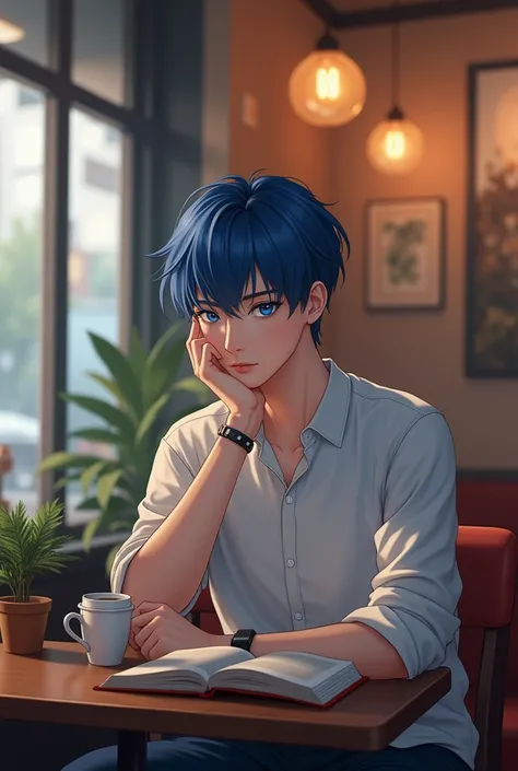 26-year-old boy with blue hair, white skin, blue eyes, handsome Korean appearance, reading a book at a coffee shop. Anime pictures