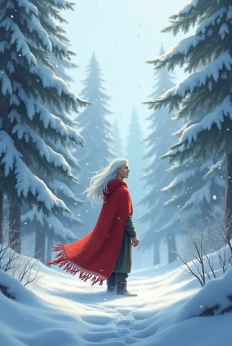  and snow, Winter with lots of trees around , white hair ,Colorful snow ,tall young man,small red shawl