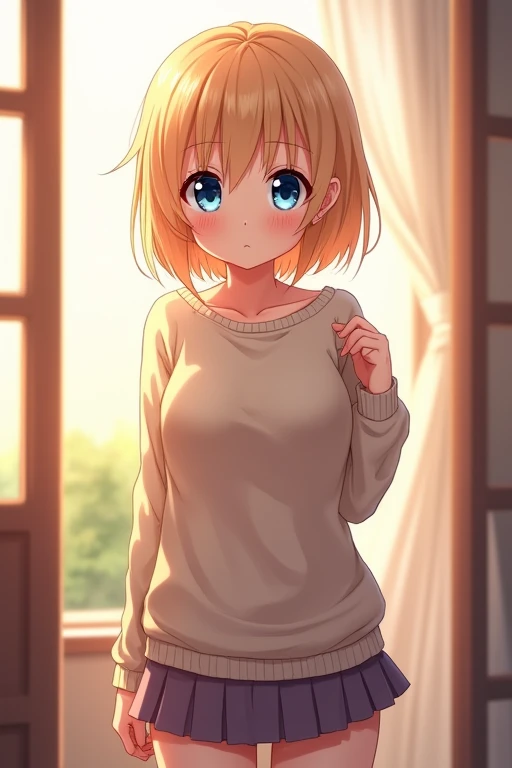 1anime girl, Looking at Viewer, Short Hair, Blonde Hair, Large breasts, Blue Eyes, Full-face Blush, Innocent, Curious, Wearing Sweater and Skirt, Standing, Set In a Room.