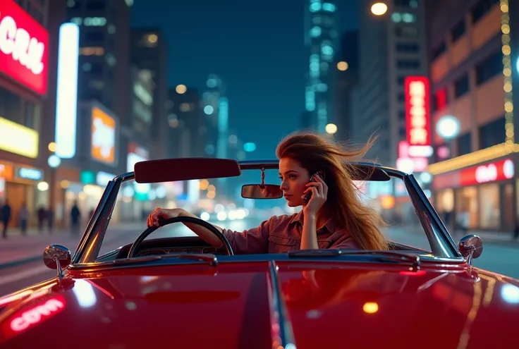 A young girl is driving in a red convertible through the city at night, the girl is talking on a mobile phone