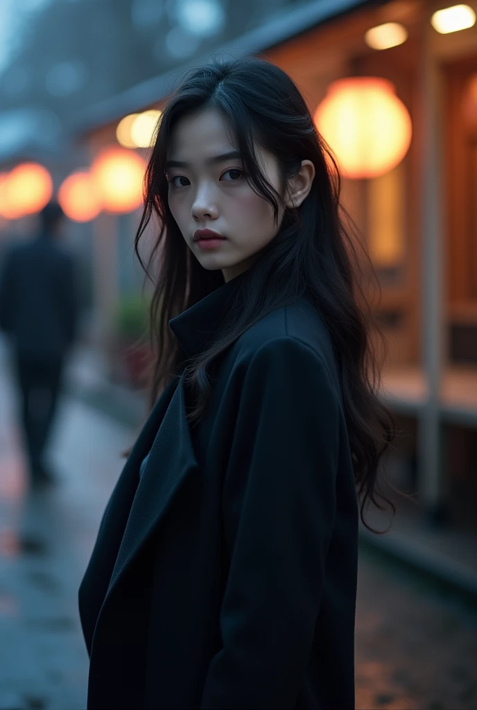 In the twilight、Asian beauty looking at me 　 wearing a long coat and long boots 