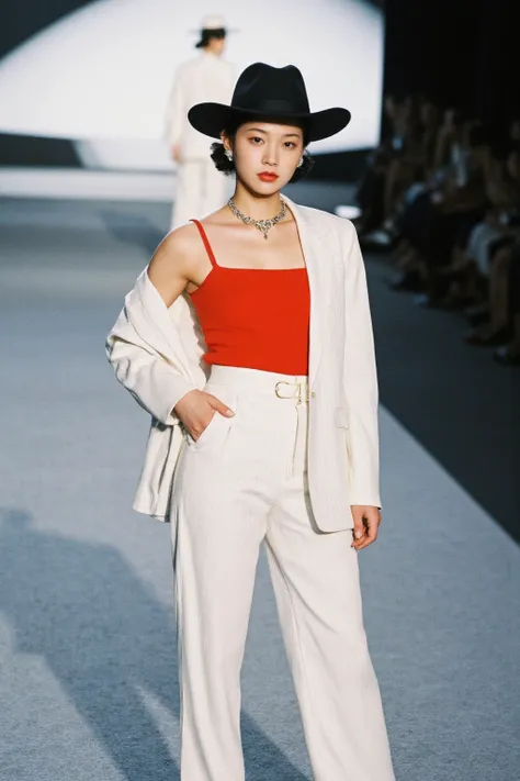  Fashion photo of faye reagan in white pinstriped smoking, tie, red top and borsalino hat , jewelry, on the catwalk