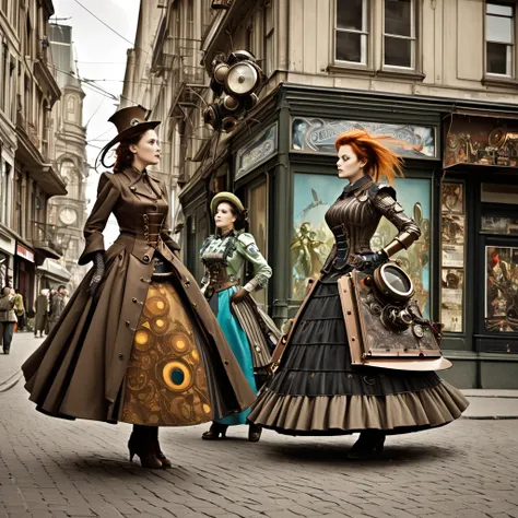  There are 2 robots standing on the street,  Detailed Steampunk Dress ,  Cinematic style pictures fluttering in the wind ,  two women, Inspired by Jean Tabau,  3 women, Terminal, Murloc, Photo taken in 2008, John McCaig, Humanized, 5 0 0 pixel model,  prom...