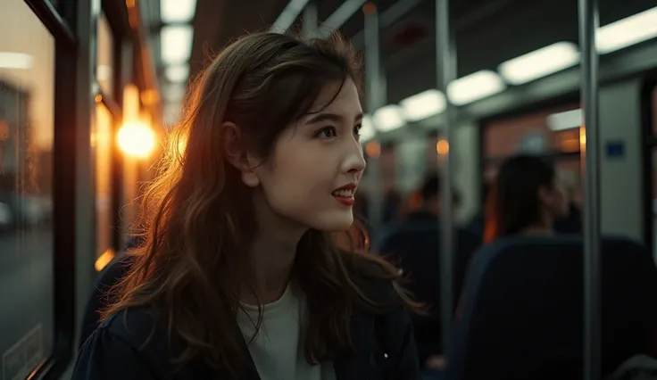 / I portrait photography masterpiece ，Black and white， Master Composition 。 Ultra HD Resolution 。
 scene atmosphere ， on the bus in the evening ， sitting on a graceful girl， golden glow on the face ， lighting and shadow atmosphere fill ，Motion Blur，Light a...